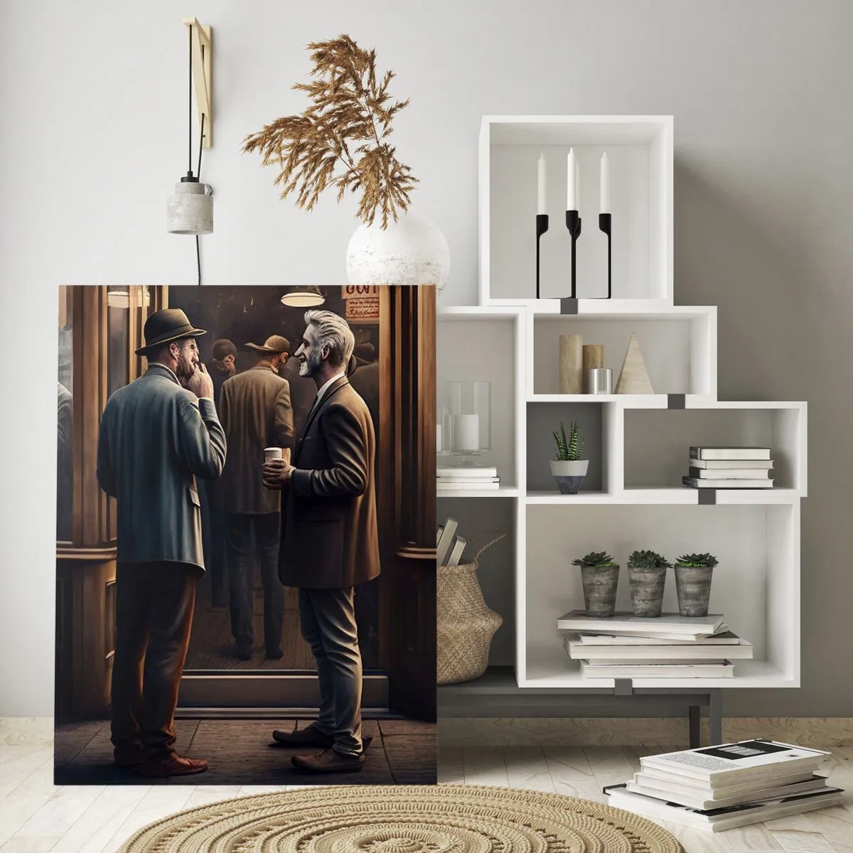 Cuadro sobre vidrio - Impresiones sobre Vidrio - Hombres charlando fuera de un café en un entorno urbano retro - 50x70cm - Un buen momento del día - Decoración de pared moderna para salón y dormitorio ARTTOR