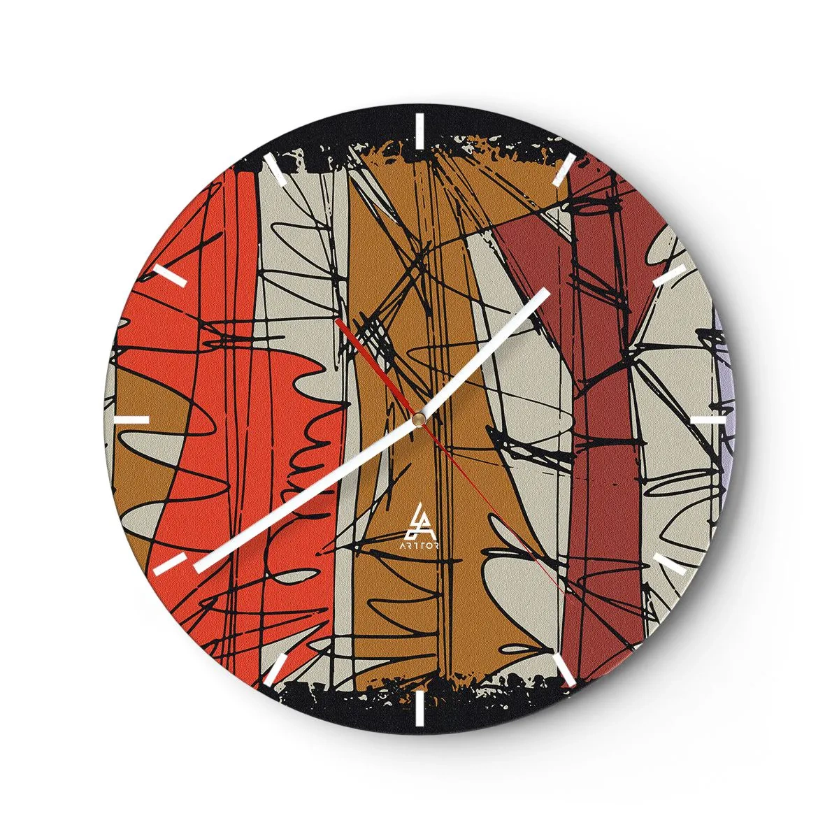 Reloj de pared - Reloj de vidrio - Líneas y manchas abstractas en una paleta de colores cálidos. - 30x30cm - Composición espontánea - Decoración de pared moderna para salón, cocina y dormitorio ARTTOR