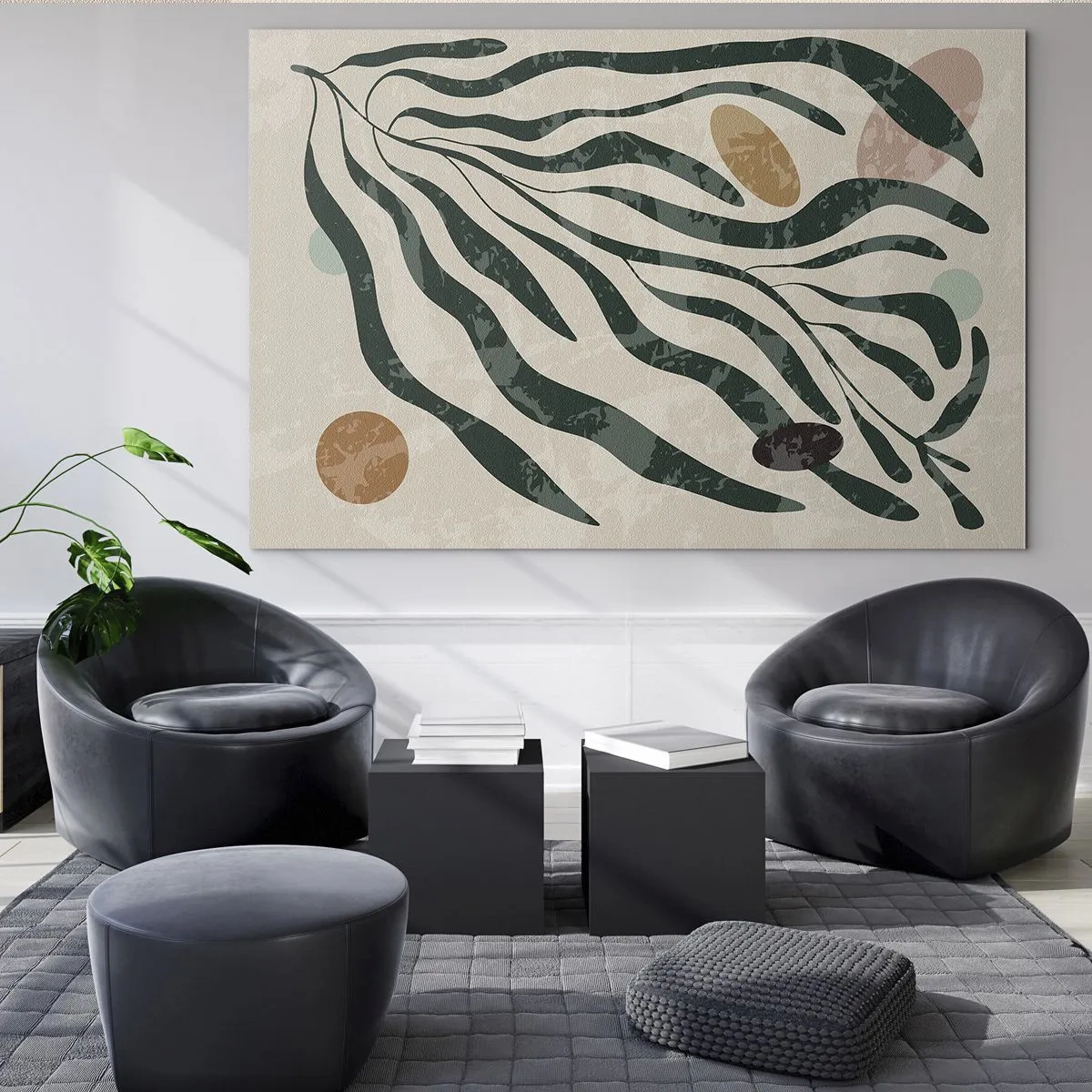 Cuadro sobre vidrio - Impresiones sobre Vidrio - Formas orgánicas en verde sobre fondo beige. - 70x50cm - Entre verdes - Decoración de pared moderna para salón y dormitorio ARTTOR