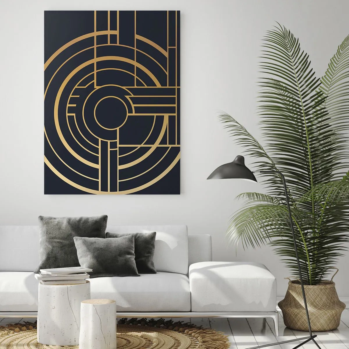 Cuadro sobre vidrio - Impresiones sobre Vidrio - Abstracción geométrica dorada y negra en estilo Art Déco - 50x70cm - Giro de los elementos - Decoración de pared moderna para salón y dormitorio ARTTOR