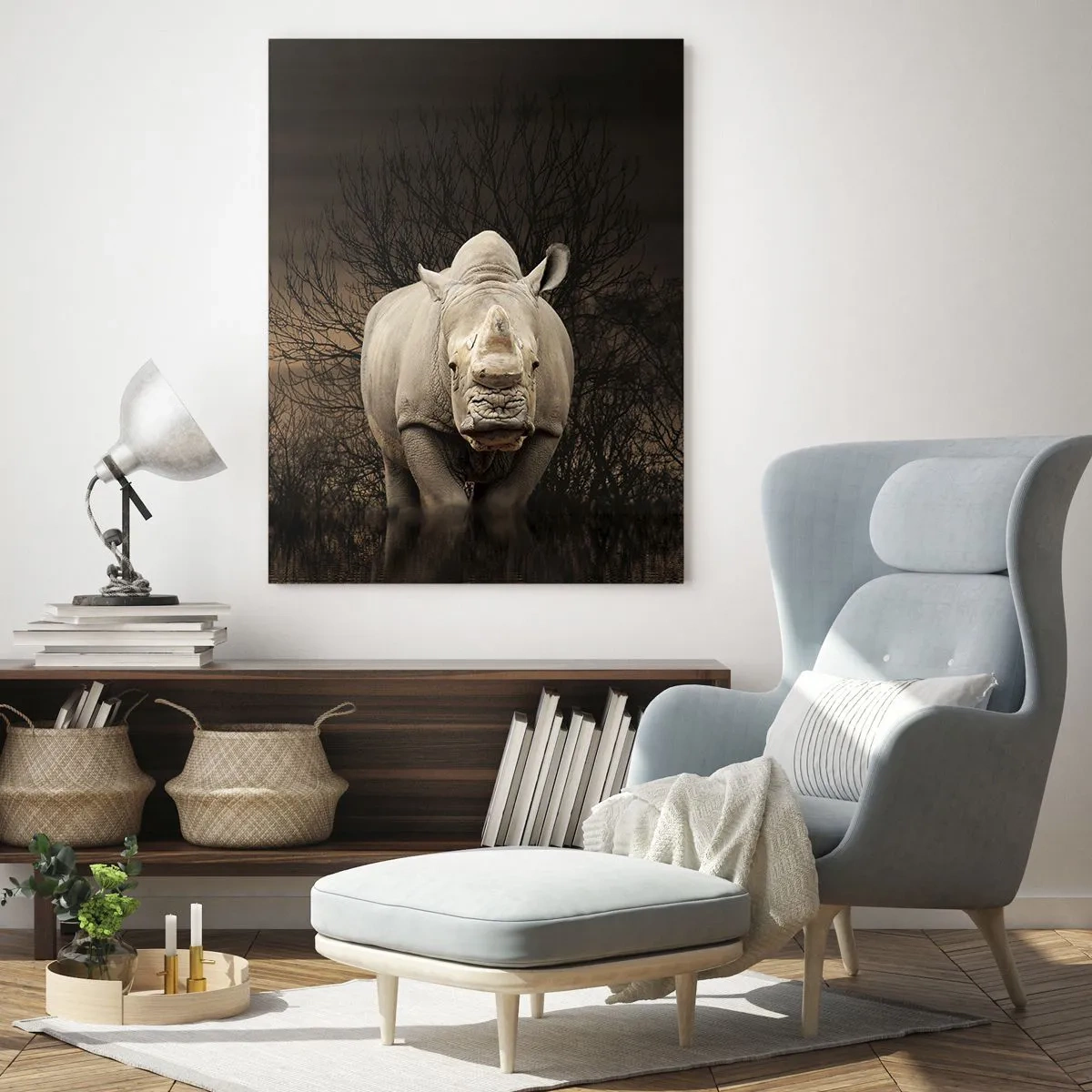 Cuadro sobre vidrio - Impresiones sobre Vidrio - Rinoceronte contra el sol poniente - 50x70cm - El blanco contra la naturaleza - Decoración de pared moderna para salón y dormitorio ARTTOR