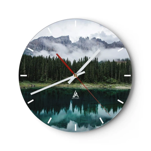 Reloj de pared - Reloj de vidrio - Montañas brumosas y bosques reflejados en un tranquilo lago de montaña - 30x30cm - Calla, calla, no despertemos al agua dormida.... - Decoración de pared moderna para salón, cocina y dormitorio ARTTOR