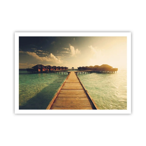 Póster - Un embarcadero de madera que conduce a las casas sobre el agua, iluminadas por los rayos del sol. - 100x70cm - Una cálida invitación - Decoración de pared moderna para salón y dormitorio ARTTOR