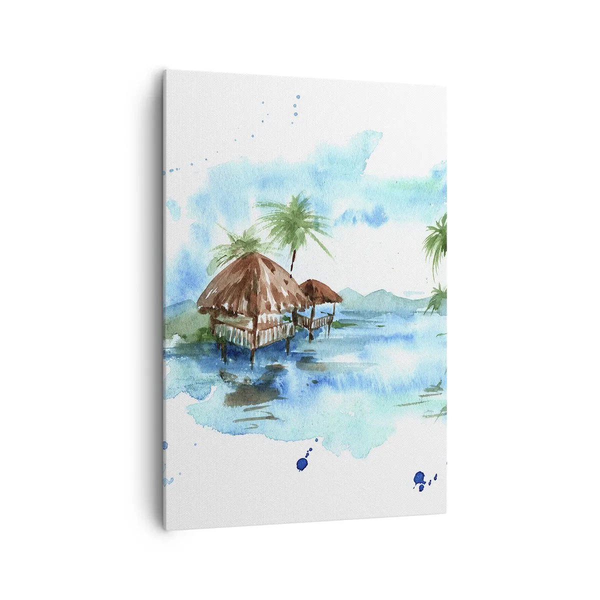 Cuadro sobre lienzo - Impresión de Imagen - Pintura de acuarela de un paisaje tropical con casas y palmeras. - 70x100cm - En algún lugar del Pacífico - Decoración de pared moderna para salón y dormitorio ARTTOR