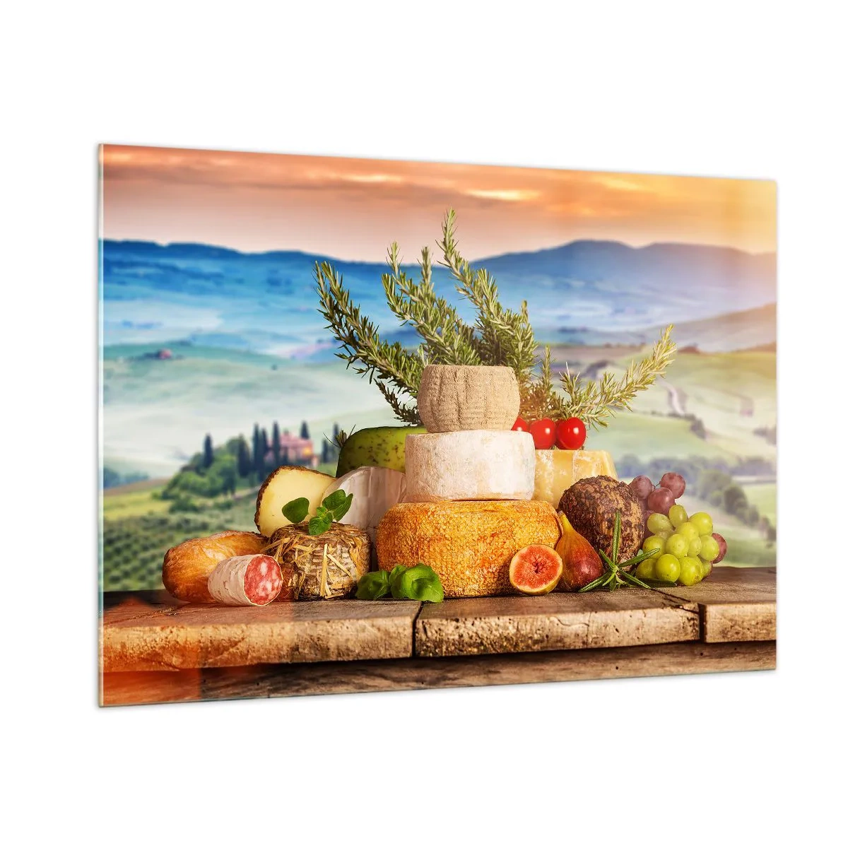Cuadro sobre vidrio - Impresiones sobre Vidrio - Una composición de quesos y frutas con el paisaje toscano como telón de fondo. - 100x70cm - La alegría de vivir italiana - Decoración de pared moderna para salón y dormitorio ARTTOR