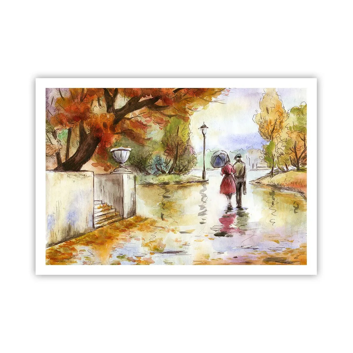 Póster - Un paseo por el parque de otoño con un paraguas. - 100x70cm - Un otoño romántico en el parque - Decoración de pared moderna para salón y dormitorio ARTTOR
