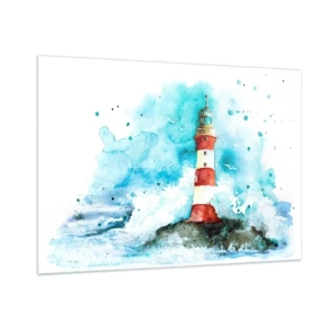 Cuadro sobre vidrio - Impresiones sobre Vidrio - Un faro rodeado de olas del mar en estilo acuarela. - 100x70cm - La unidad de los elementos - Decoración de pared moderna para salón y dormitorio ARTTOR