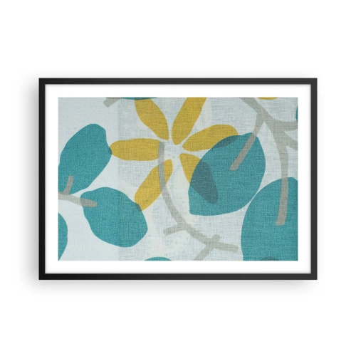 Póster en marco negro - Hojas en tonos turquesa y amarillo sobre un fondo claro. - 70x50cm - Entre hojas azules - Decoración de pared moderna para salón y dormitorio ARTTOR