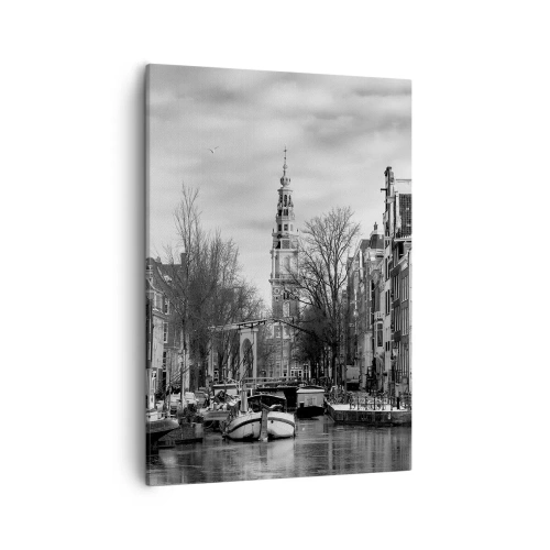 Cuadro sobre lienzo - Impresión de Imagen - Panorama en blanco y negro de Ámsterdam con canal y edificios históricos - 50x70cm - Ambiente de Ámsterdam - Decoración de pared moderna para salón y dormitorio ARTTOR