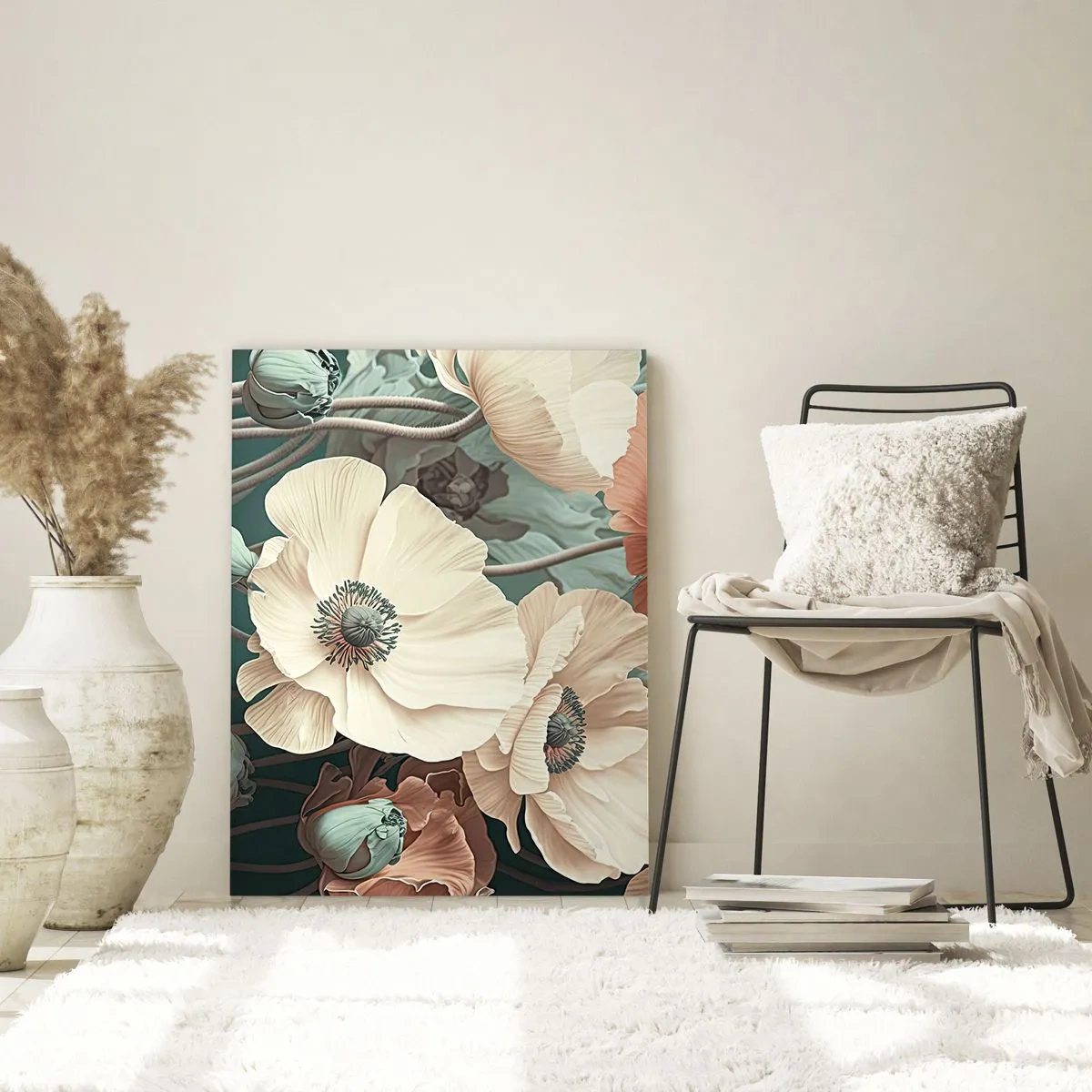 Cuadro sobre vidrio - Impresiones sobre Vidrio - Elegantes flores en tonos pastel sobre un fondo verde. - 80x120cm - Susurro de amapolas - Decoración de pared moderna para salón y dormitorio ARTTOR