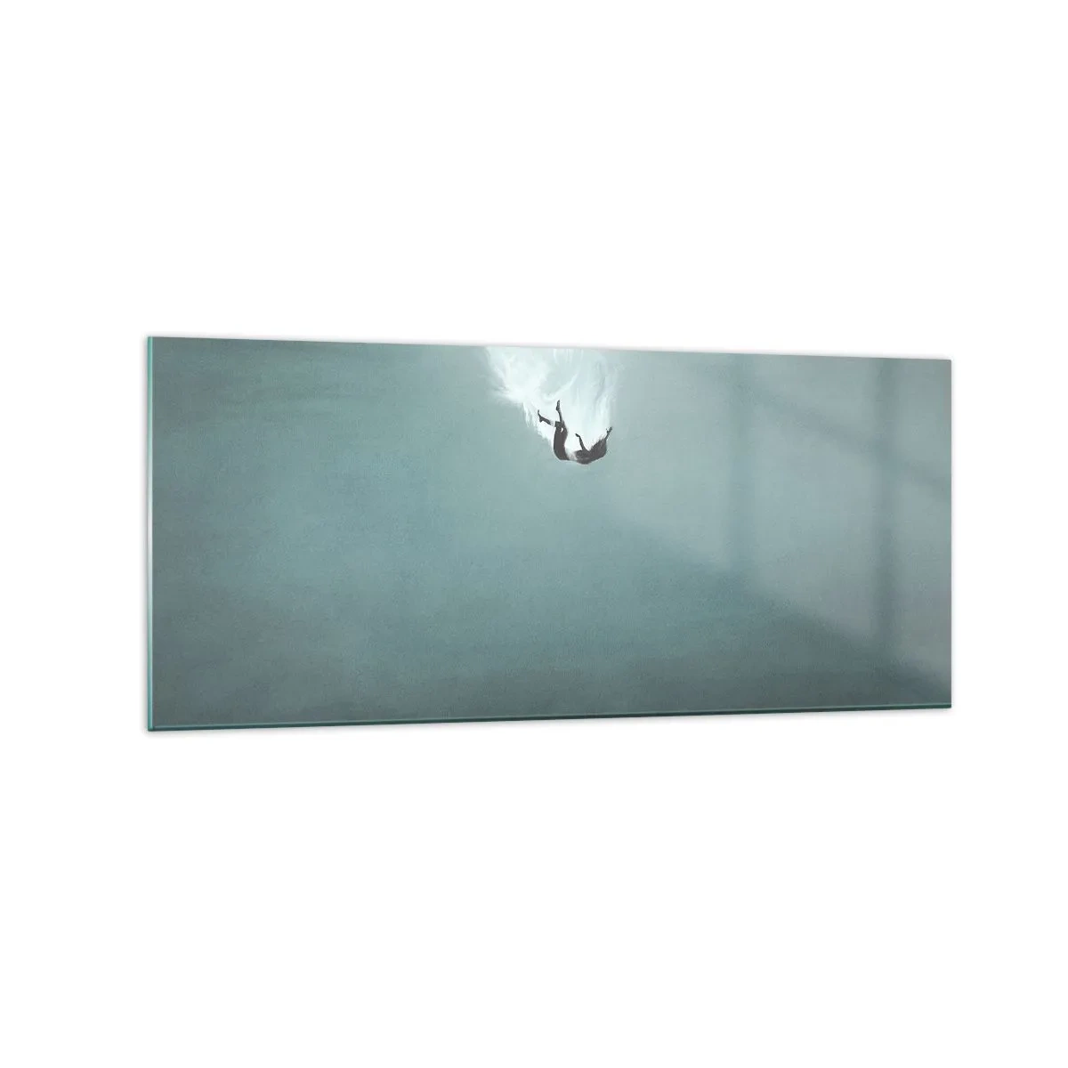 Cuadro sobre vidrio - Impresiones sobre Vidrio - Una figura sumergida en aguas turquesas profundas. - 120x50cm - En el abrazo del océano - Decoración de pared moderna para salón y dormitorio ARTTOR