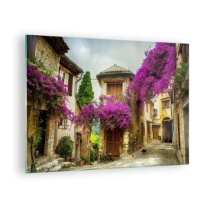 Cuadro sobre vidrio - Impresiones sobre Vidrio - Una calle encantadora con vides rosas en flor y casas de vecindad. - 70x50cm - Bajo un manto de flores - Decoración de pared moderna para salón y dormitorio ARTTOR