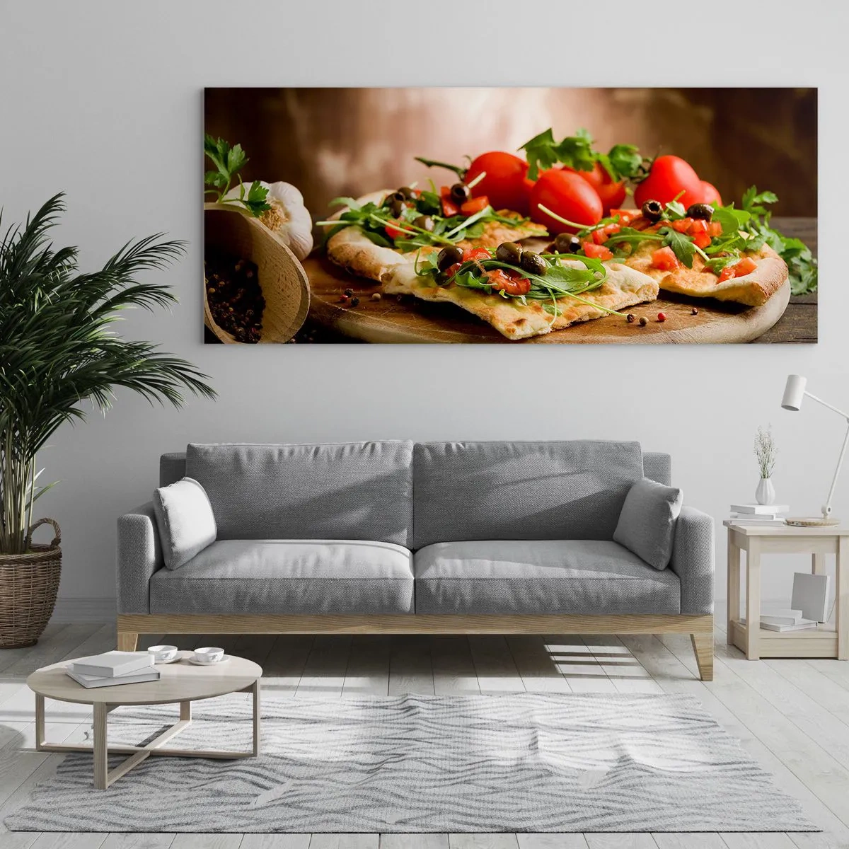 Cuadro sobre vidrio - Impresiones sobre Vidrio - Pizza con verduras sobre tabla de madera en estilo rústico - 160x50cm - Directamente del horno y del jardín - Decoración de pared moderna para salón y dormitorio ARTTOR