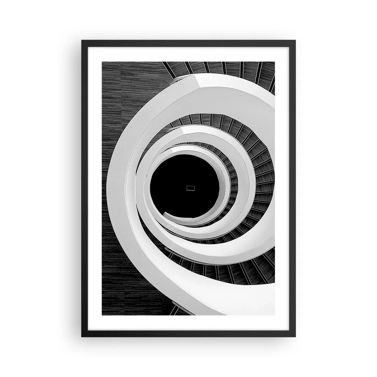 Póster en marco negro - Una escalera de caracol en blanco y negro con un diseño abstracto. - 50x70cm - Hacia el origen - Decoración de pared moderna para salón y dormitorio ARTTOR