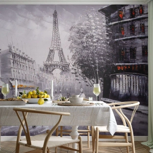 Fotomural Premium Sand - Una imagen en blanco y negro de París con la Torre Eiffel y gente caminando. - 100x70cm - Un paseo parisino - Decoración de pared moderna para salón y dormitorio ARTTOR