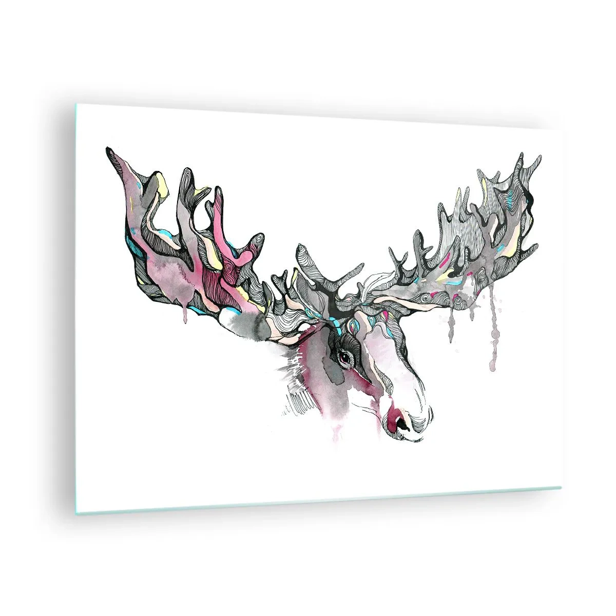Cuadro sobre vidrio - Impresiones sobre Vidrio - Acuarela colorida de un alce con astas extensas. - 70x50cm - La corona del rey del bosque - Decoración de pared moderna para salón y dormitorio ARTTOR