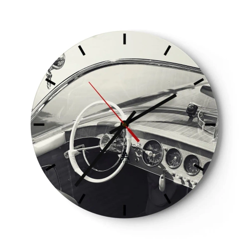 Reloj de pared - Reloj de vidrio - Interior de un coche clásico con volante y salpicadero. - 30x30cm - Tiempo para los ricos - Decoración de pared moderna para salón, cocina y dormitorio ARTTOR