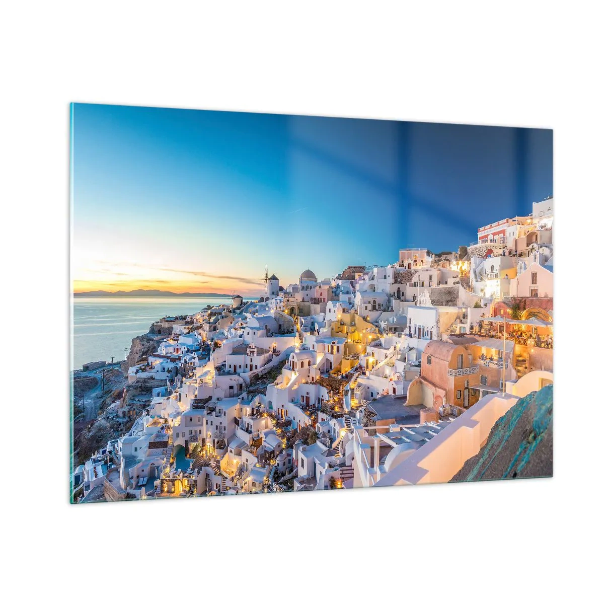 Cuadro sobre vidrio - Impresiones sobre Vidrio - Panorama de Santorini al atardecer - 100x70cm - La esencia de lo griego - Decoración de pared moderna para salón y dormitorio ARTTOR