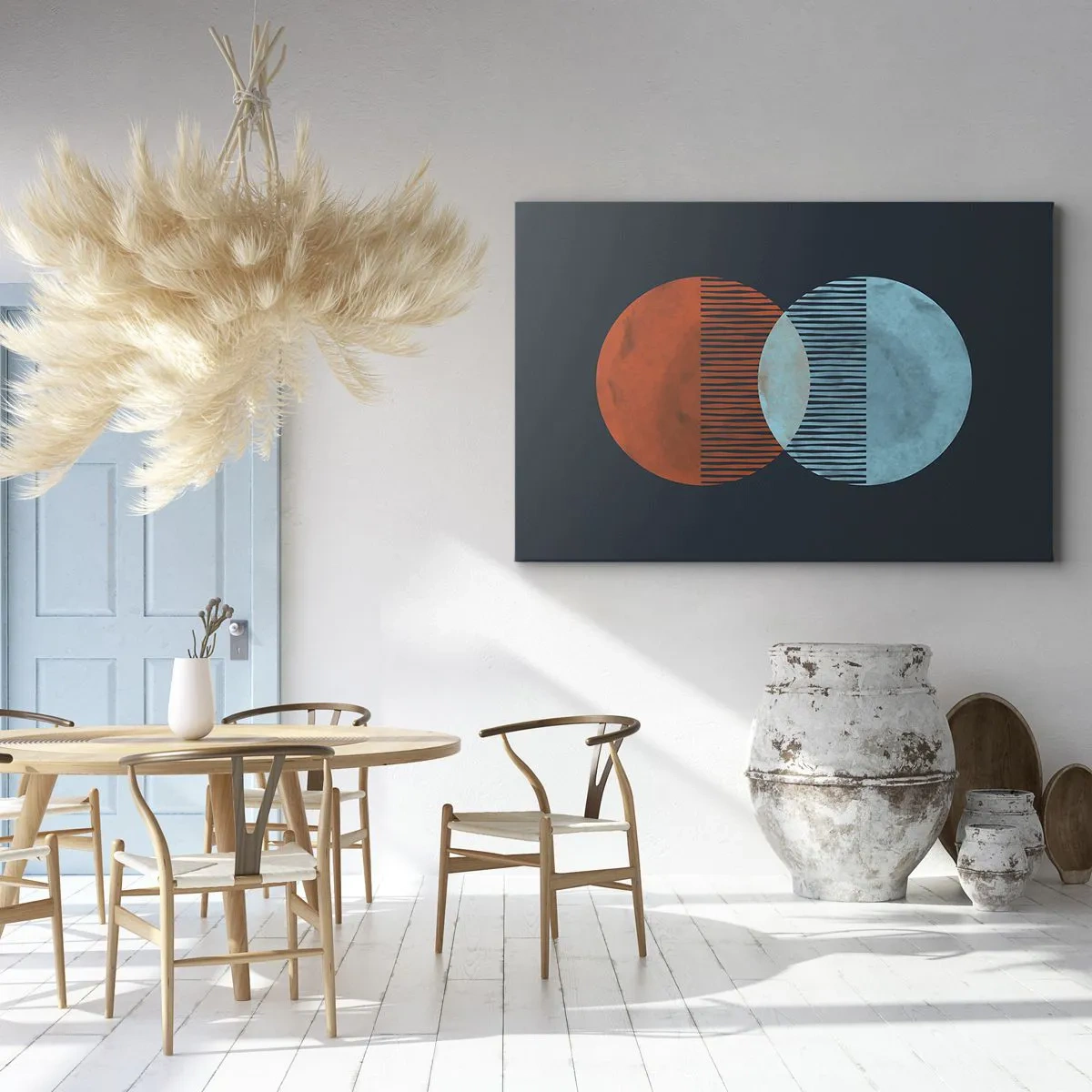 Cuadro sobre lienzo - Impresión de Imagen - Dos círculos naranjas y azules sobre un fondo oscuro. - 70x50cm - Fantasía astronómica - Decoración de pared moderna para salón y dormitorio ARTTOR