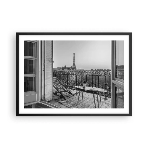 Póster en marco negro - Vista de la Torre Eiffel desde el balcón con tumbonas y una mesa. - 70x50cm - Una tarde parisina - Decoración de pared moderna para salón y dormitorio ARTTOR