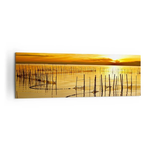 Cuadro sobre lienzo - Impresión de Imagen - Puesta de sol sobre el agua con pájaros en vuelo - 160x50cm - Horizonte naranja - Decoración de pared moderna para salón y dormitorio ARTTOR