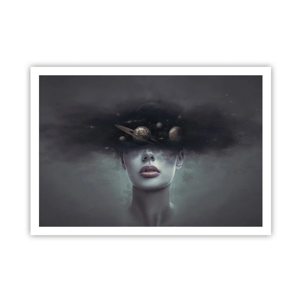 Póster - Un rostro de mujer con un motivo de planeta y espacio en el fondo. - 100x70cm - Y los planetas sienten... - Decoración de pared moderna para salón y dormitorio ARTTOR