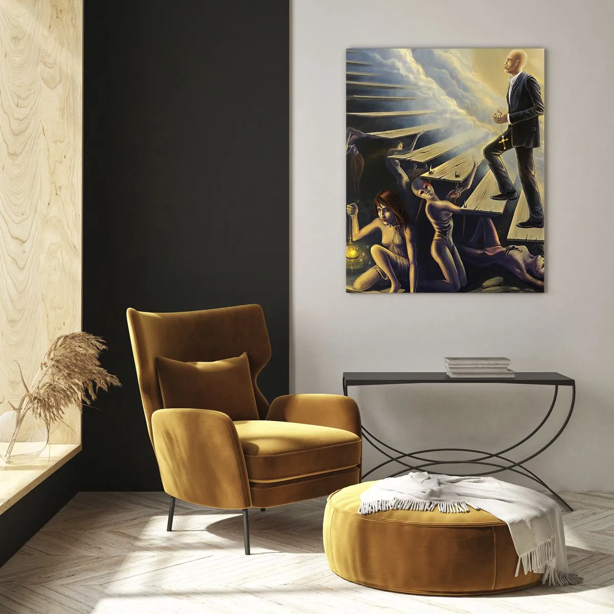 Cuadro sobre vidrio - Impresiones sobre Vidrio - Una escena simbólica del camino hacia la luz a través de una escalera destartalada. - 80x120cm - Dantesco viaje hacia la luz - Decoración de pared moderna para salón y dormitorio ARTTOR