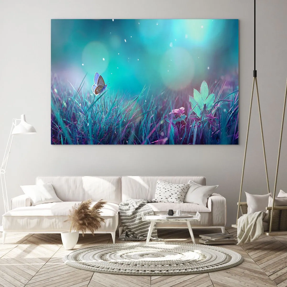 Cuadro sobre vidrio - Impresiones sobre Vidrio - Mariposa sobre la hierba en luz pastel - 70x50cm - La vida secreta de un prado - Decoración de pared moderna para salón y dormitorio ARTTOR