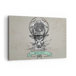 Cuadro sobre lienzo - Impresión de Imagen - Geometría de ciervo de estilo vintage con letras Wild Life - 100x70cm - Visión de San Huberto - Decoración de pared moderna para salón y dormitorio ARTTOR