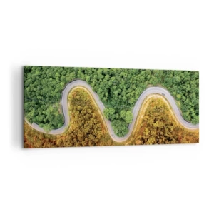 Cuadro sobre lienzo - Impresión de Imagen - Un camino sinuoso a través del bosque visto a vista de pájaro. - 120x50cm - Frontera serpenteante - Decoración de pared moderna para salón y dormitorio ARTTOR