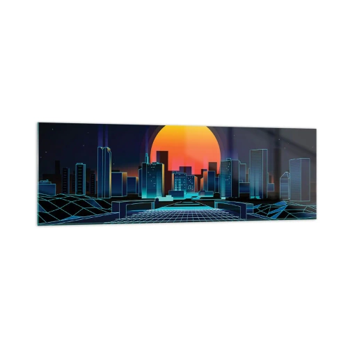 Cuadro sobre vidrio - Impresiones sobre Vidrio - Horizonte urbano futurista de estilo neón - 160x50cm - ¿Todavía deseas volver a la realidad? - Decoración de pared moderna para salón y dormitorio ARTTOR