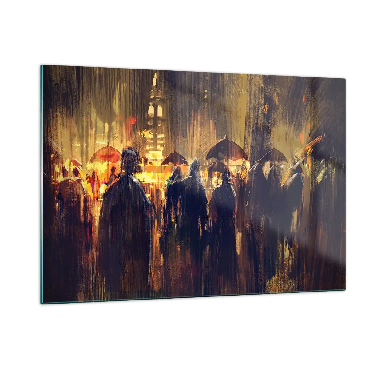 Cuadro sobre vidrio - Impresiones sobre Vidrio - Una multitud con paraguas bajo la lluvia con el telón de fondo de las luces de la ciudad. - 120x80cm - Seguidores de la lluvia - Decoración de pared moderna para salón y dormitorio ARTTOR