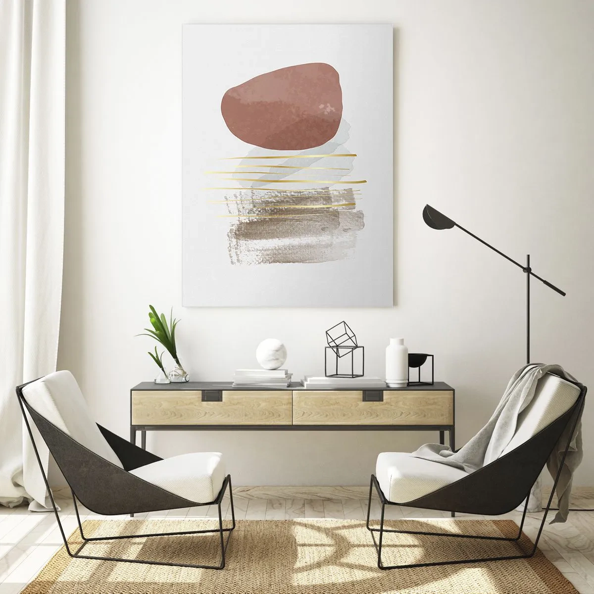 Cuadro sobre vidrio - Impresiones sobre Vidrio - Composición abstracta en tonos beige y dorados. - 70x100cm - Una columnata abstracta - Decoración de pared moderna para salón y dormitorio ARTTOR