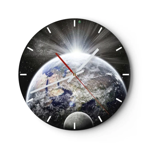 Reloj de pared - Reloj de vidrio - Vista de la Tierra al amanecer en el espacio exterior - 30x30cm - En todo su esplendor - Decoración de pared moderna para salón, cocina y dormitorio ARTTOR
