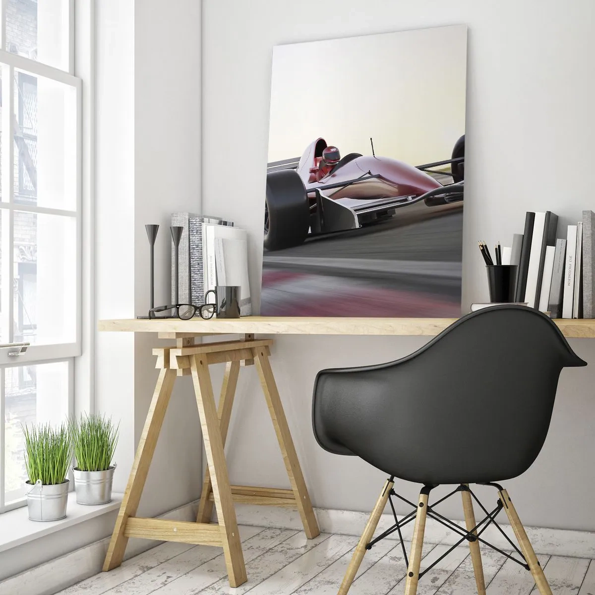 Cuadro sobre vidrio - Impresiones sobre Vidrio - Un coche rojo de Fórmula 1 en una pista de carreras mientras conduce - 80x120cm - Siempre el ganador - Decoración de pared moderna para salón y dormitorio ARTTOR