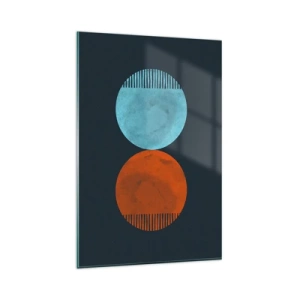 Cuadro sobre vidrio - Impresiones sobre Vidrio - Diseño minimalista de dos ruedas en azul y naranja. - 80x120cm - ¿Solo geometría? - Decoración de pared moderna para salón y dormitorio ARTTOR