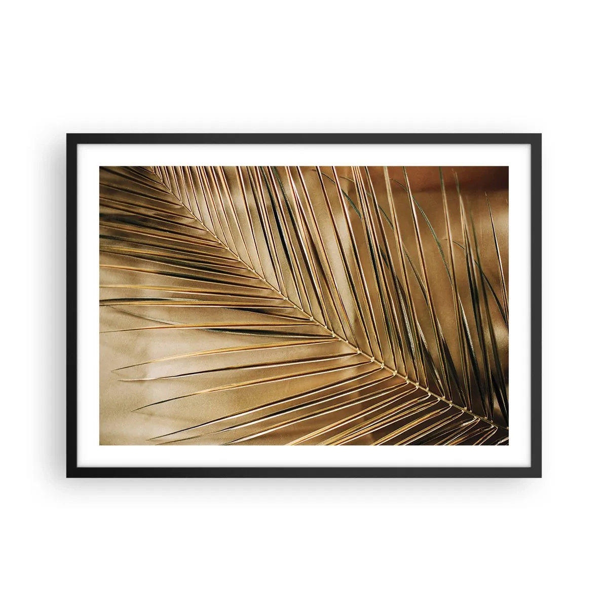 Póster en marco negro - Hoja de palma dorada sobre un fondo sólido - 70x50cm - Una columnata natural - Decoración de pared moderna para salón y dormitorio ARTTOR