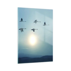 Cuadro sobre vidrio - Impresiones sobre Vidrio - Cisnes volando con el sol poniente como telón de fondo y un paisaje invernal. - 50x70cm - Adiós al verano por un año - Decoración de pared moderna para salón y dormitorio ARTTOR