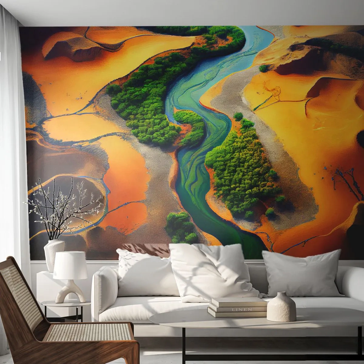 Fotomural Standard Eco - Un río verde que serpentea a través de un desierto naranja. - 100x70cm - Río que da vida - Decoración de pared moderna para salón y dormitorio ARTTOR