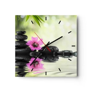 Reloj de pared - Reloj de vidrio - Piedras zen y una flor rosa reflejada en el agua. - 30x30cm - Tiempo para el alma - Decoración de pared moderna para salón y dormitorio ARTTOR