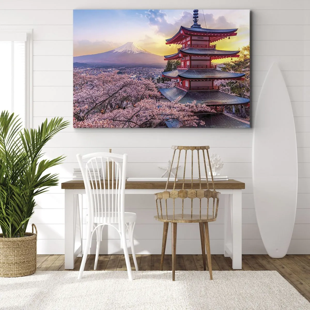 Cuadro sobre lienzo - Impresión de Imagen - Una pagoda en Japón con flores de cerezo y el monte Fuji. - 100x70cm - La esencia del espíritu japonés - Decoración de pared moderna para salón y dormitorio ARTTOR