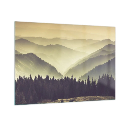 Cuadro sobre vidrio - Impresiones sobre Vidrio - Una vista brumosa de una cadena montañosa con un bosque oscuro en primer plano. - 100x70cm - Más allá de las siete montañas... - Decoración de pared moderna para salón y dormitorio ARTTOR