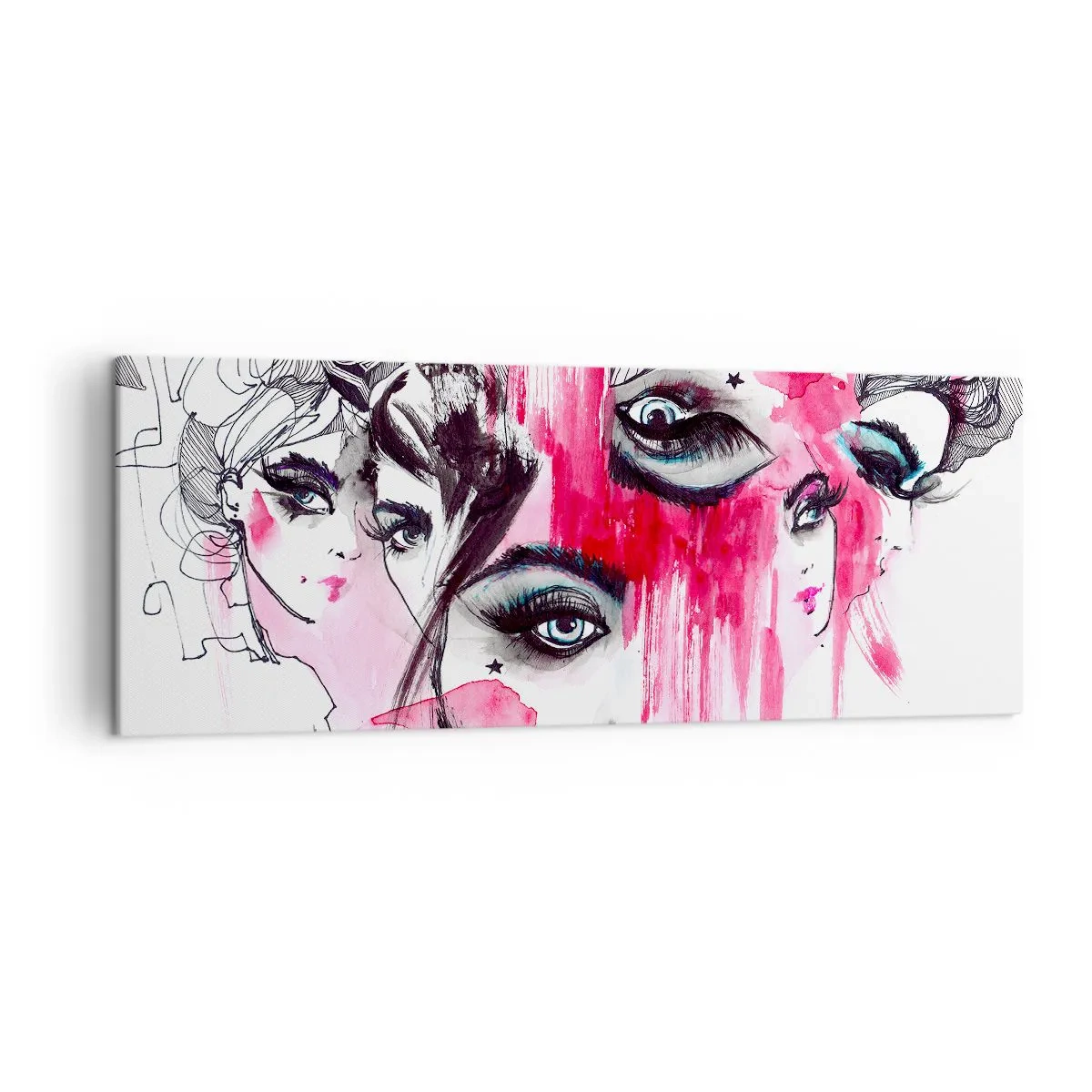 Cuadro sobre lienzo - Impresión de Imagen - Rostro abstracto en tonos rosa y negro. - 140x50cm - Ojos abstractos - Decoración de pared moderna para salón y dormitorio ARTTOR