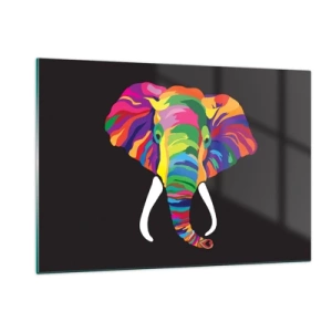 Cuadro sobre vidrio - Impresiones sobre Vidrio - Un elefante colorido sobre un fondo negro en un estilo artístico. - 120x80cm - El elefante al que le gustaba bañarse en el arco iris - Decoración de pared moderna para salón y dormitorio ARTTOR