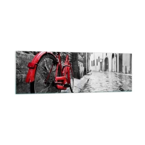 Cuadro sobre vidrio - Impresiones sobre Vidrio - Bicicleta roja en una calle en blanco y negro - 160x50cm - La verdadera belleza no envejece - Decoración de pared moderna para salón y dormitorio ARTTOR