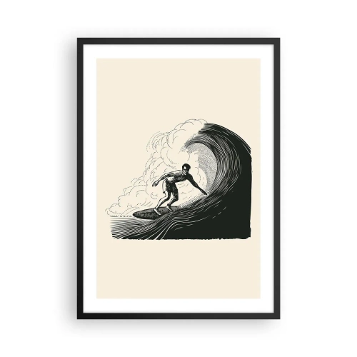 Póster en marco negro - Gráfico retro de surfista sobre olas, composición en negro y crema - 50x70cm - Rey de la ola - Decoración de pared moderna para salón y dormitorio ARTTOR