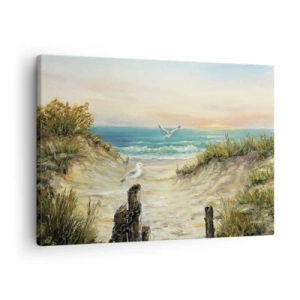 Cuadro sobre lienzo - Impresión de Imagen - Costa con gaviotas y dunas al atardecer - 70x50cm - Un retiro ventoso - Decoración de pared moderna para salón y dormitorio ARTTOR