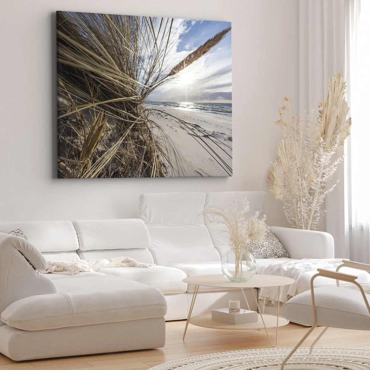 Cuadro sobre lienzo - Impresión de Imagen - Una playa con hierba seca en las dunas y vistas al mar. - 70x50cm - Una reunión de los elementos - Decoración de pared moderna para salón y dormitorio ARTTOR