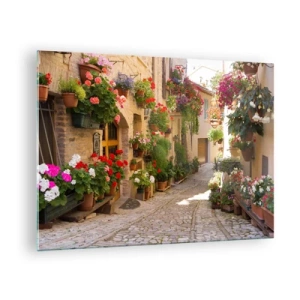 Cuadro sobre vidrio - Impresiones sobre Vidrio - Una calle pintoresca con flores en macetas. - 70x50cm - En un torrente de flores - Decoración de pared moderna para salón y dormitorio ARTTOR
