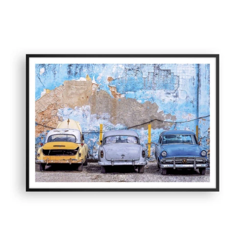 Póster en marco negro - Coches antiguos con un muro destruido como telón de fondo - 100x70cm - Reunión de veteranos - Decoración de pared moderna para salón y dormitorio ARTTOR